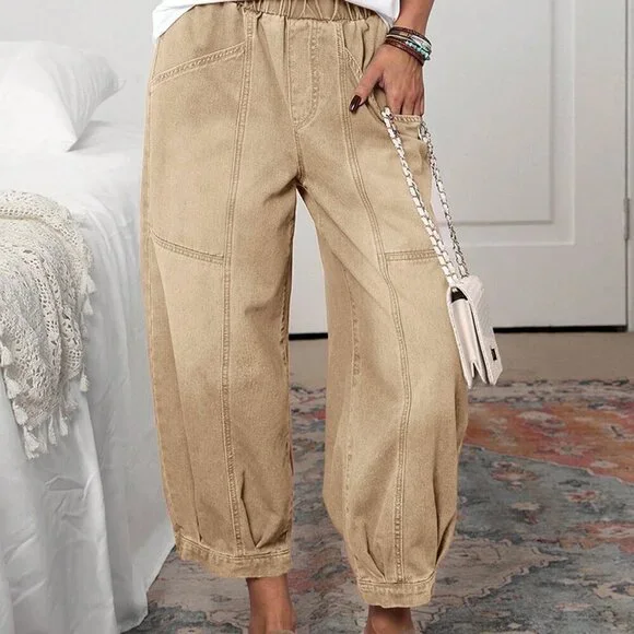 Khaki Casual Women's Vintage Elastic Waist Jeans - Picture 2 of 6